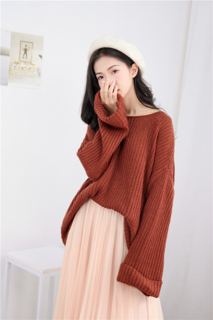 时尚女装 韩式潮 慵懒学院风宽松大码圆领长袖纯色针织衫套头毛衣
