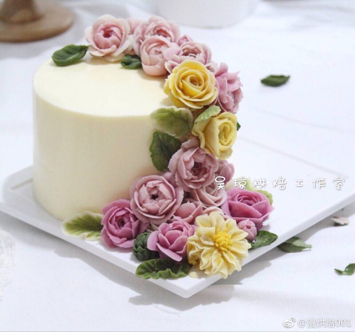 豆沙裱花 方形蛋糕 韩式裱花