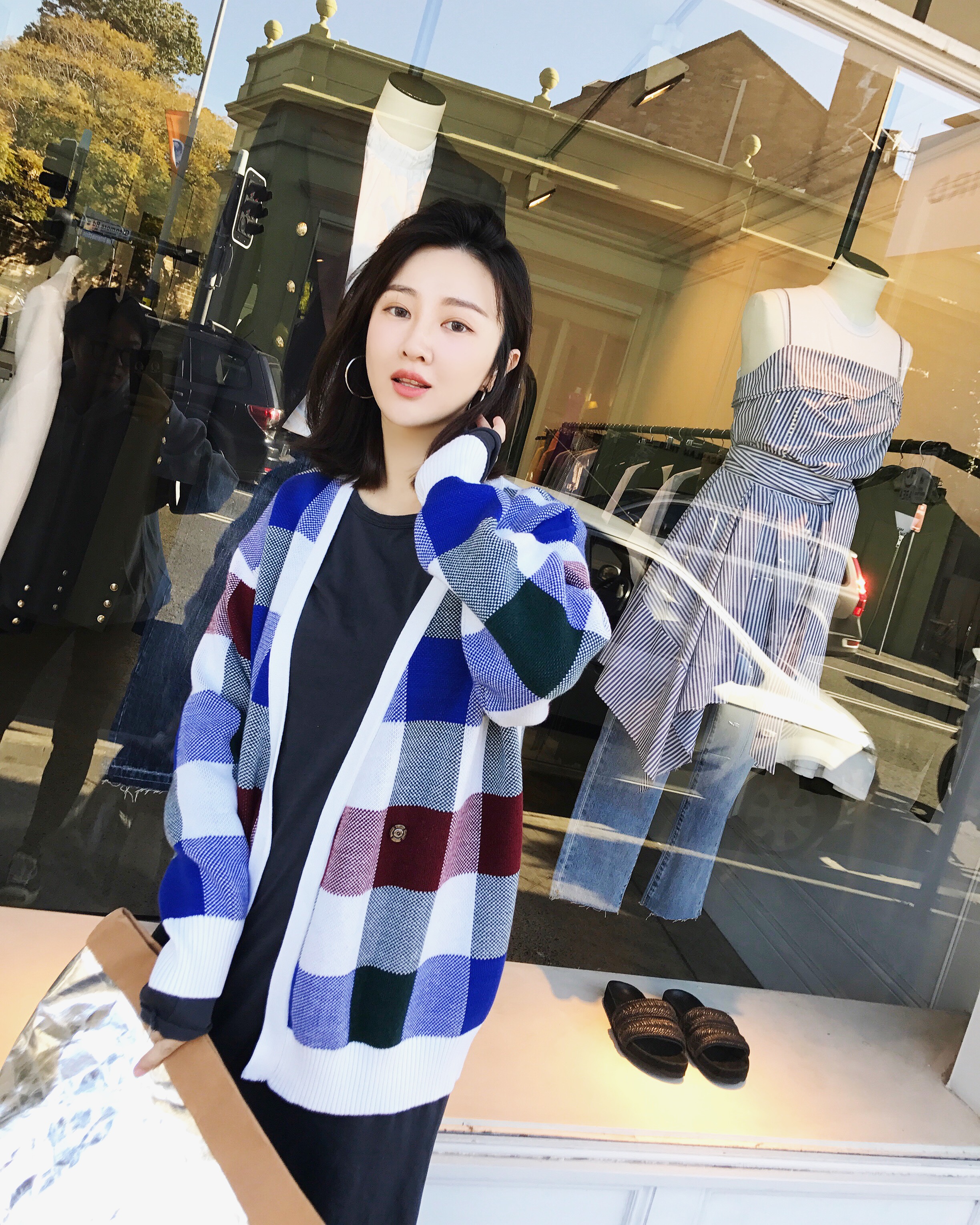 vcruan 921 10am秋装 大牌配色格子舒服不对称开衫 vc0721