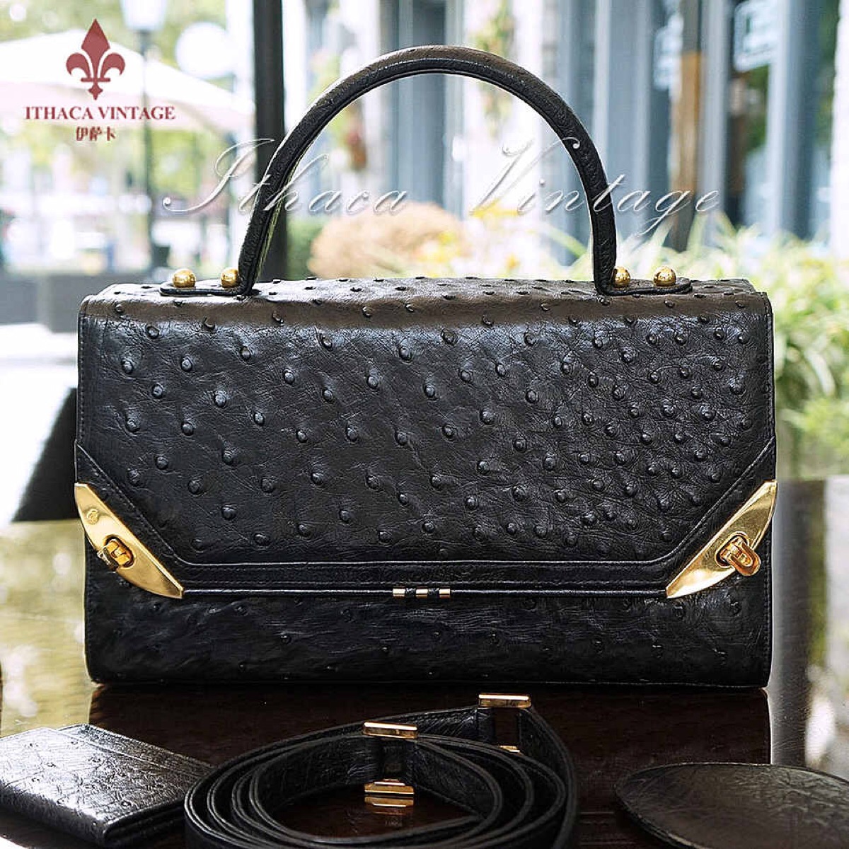 【伊萨卡】comtesse黑色真鸵鸟皮通勤手提女包vintage古董包
