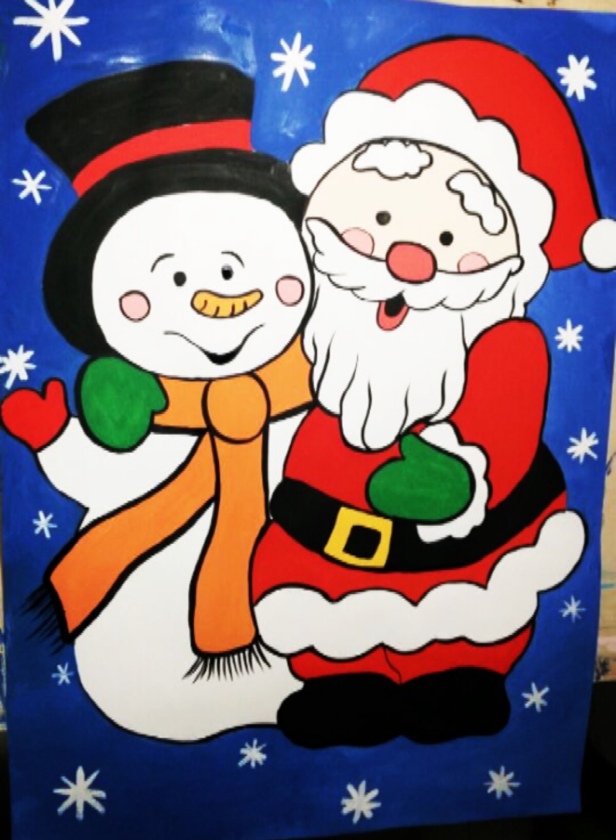 水粉画 圣诞老人和雪人
