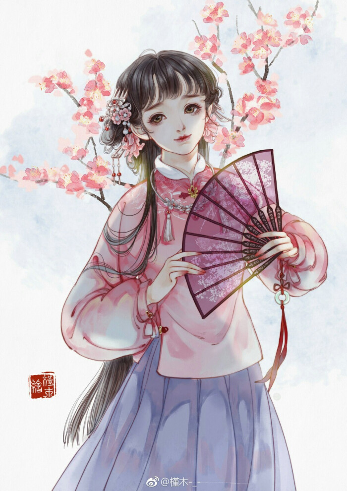 手绘古风持扇女子画师:槿木