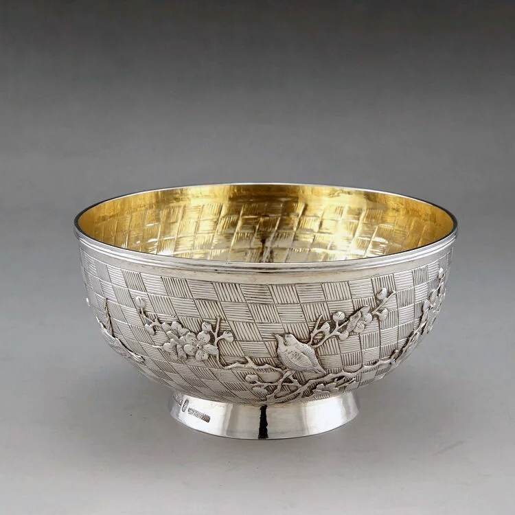 中国海外回流古董银器 清末出口上海鸿祥款编织纹内鎏金纯银碗