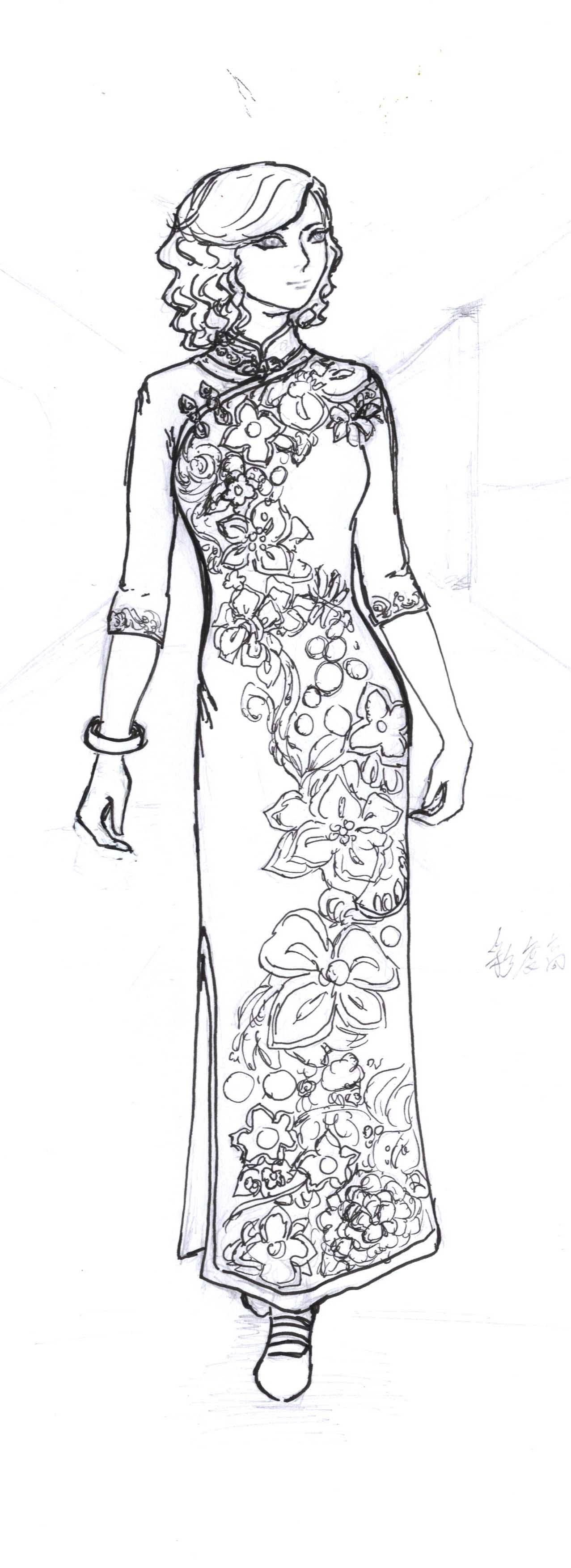 旗袍花纹图案手绘图片