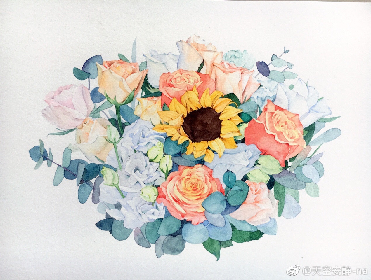 【清新水彩花卉】#清新花簇# 作者:天空安静-na