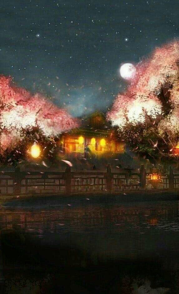 古风,夜,月,灯,桃花