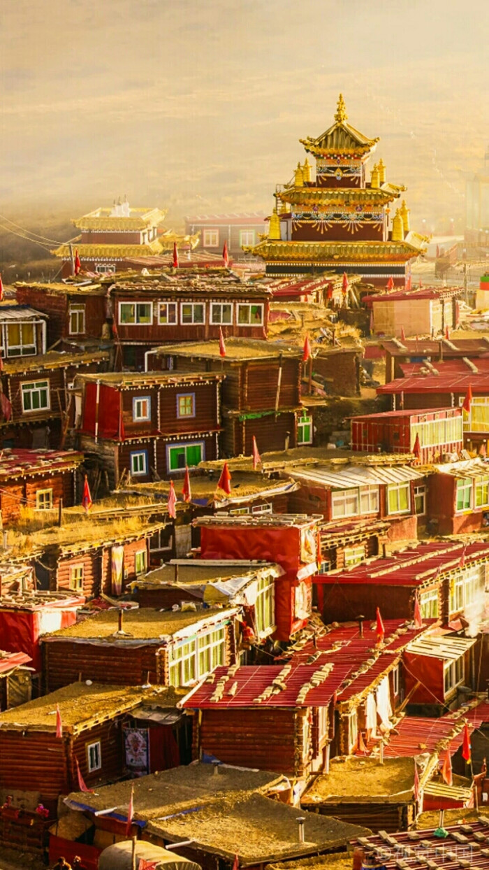 色达朝圣之旅喇荣五明佛学院的数千间绛红色的藏式平房连绵几公里