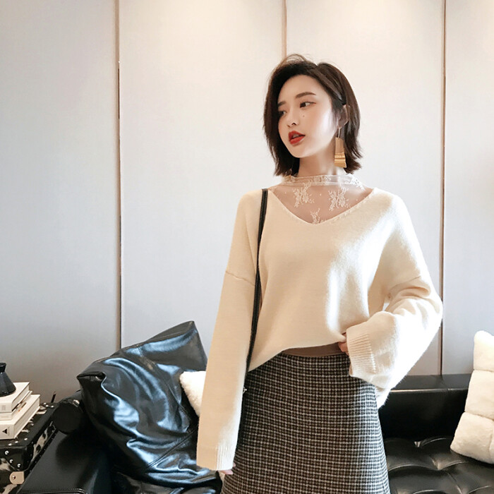 百搭宽松米白色短款毛衣女秋冬韩版学院风细毛线内搭v领打底毛衣