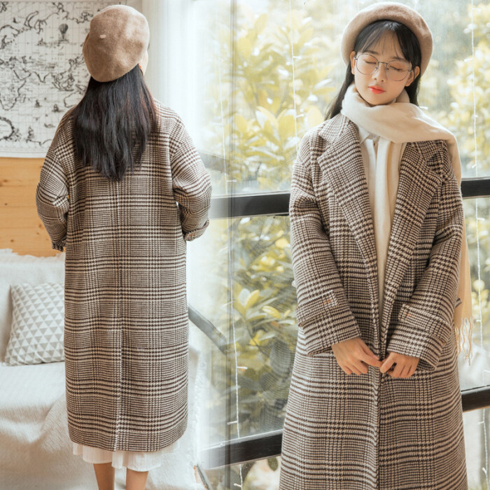 2017冬季女装新款韩版加厚格子毛呢大衣女长款宽松千鸟格外套上衣