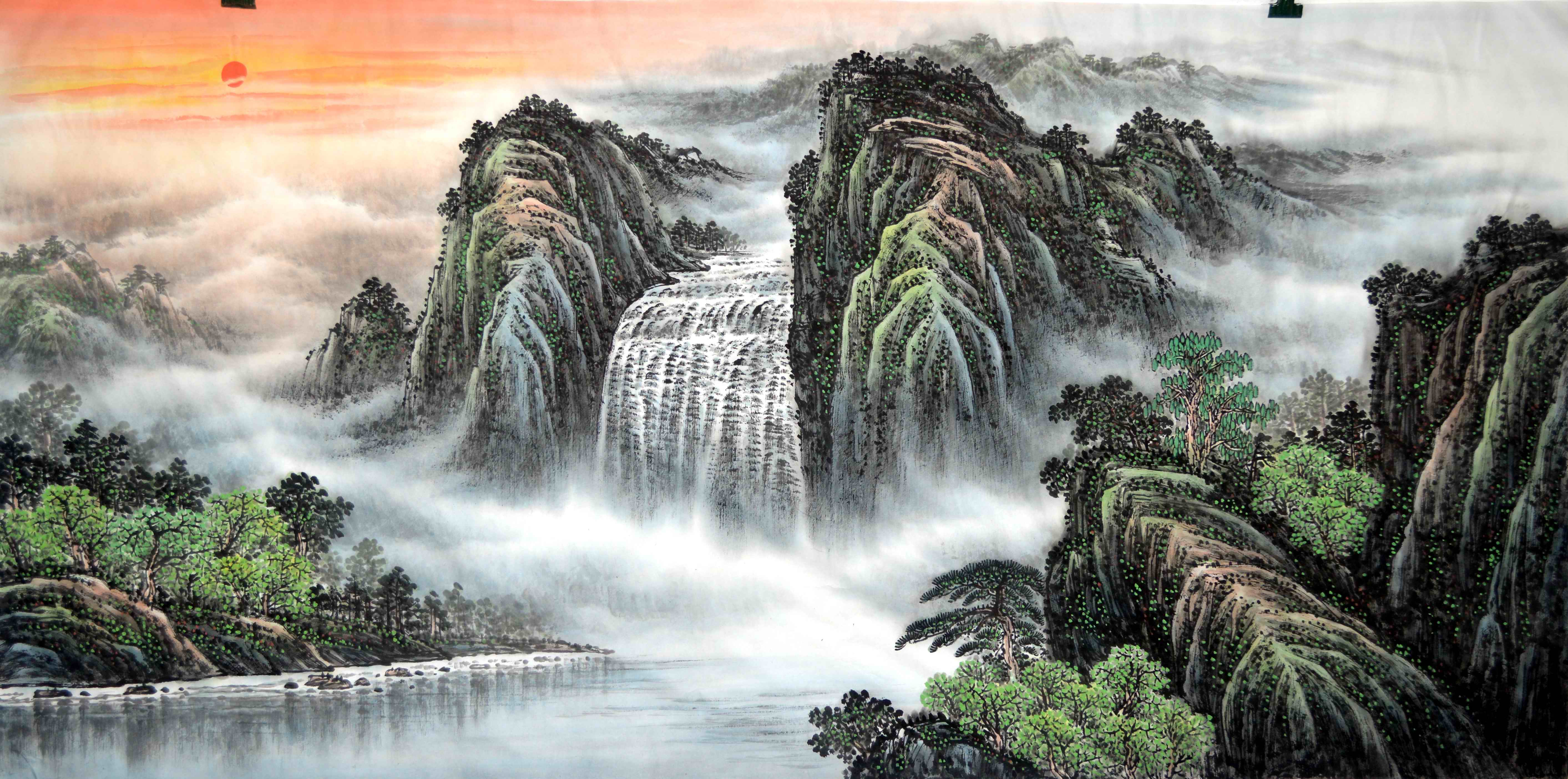 画面上高山巍峨,山石参差,树木繁茂,流水浩荡.