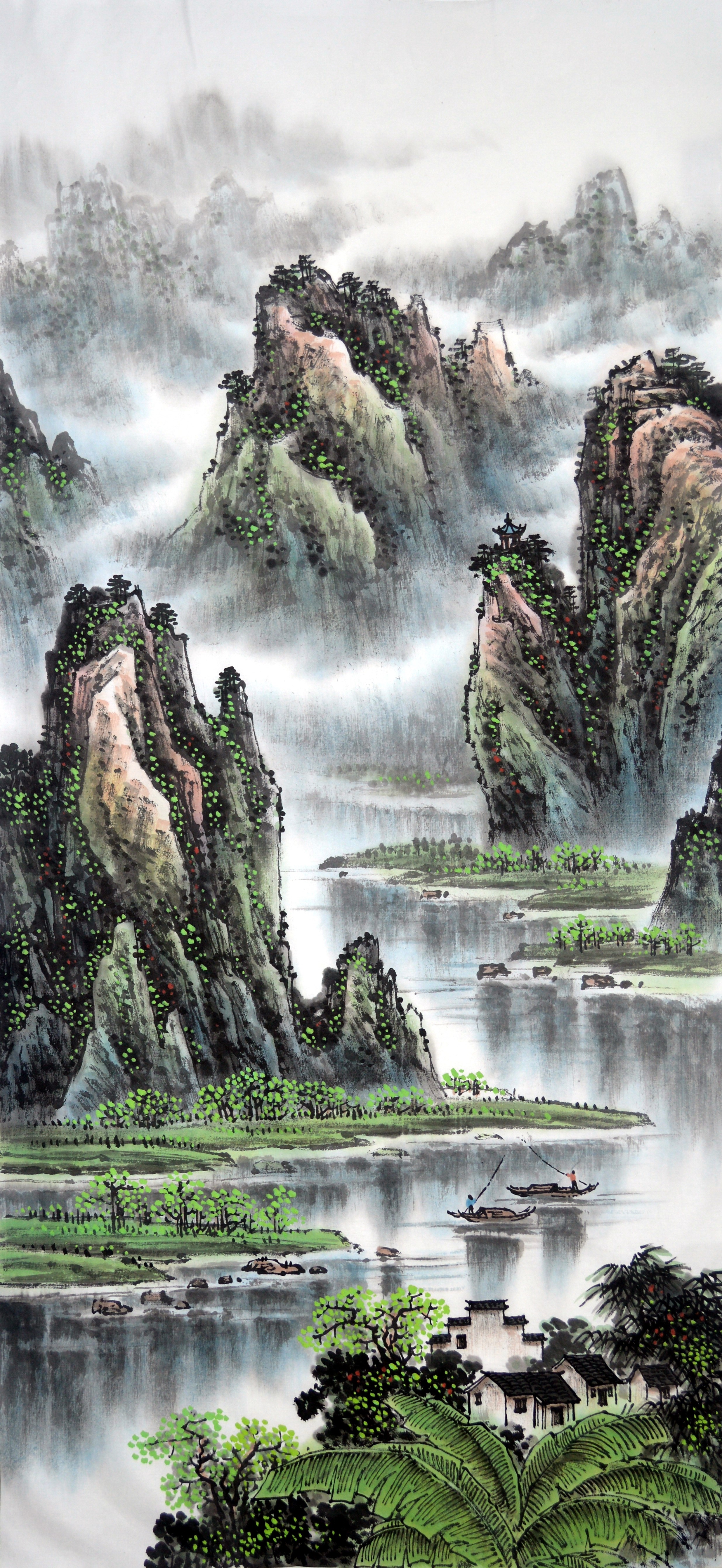 画面上高山巍峨,山石参差,树木繁茂,流水浩荡.