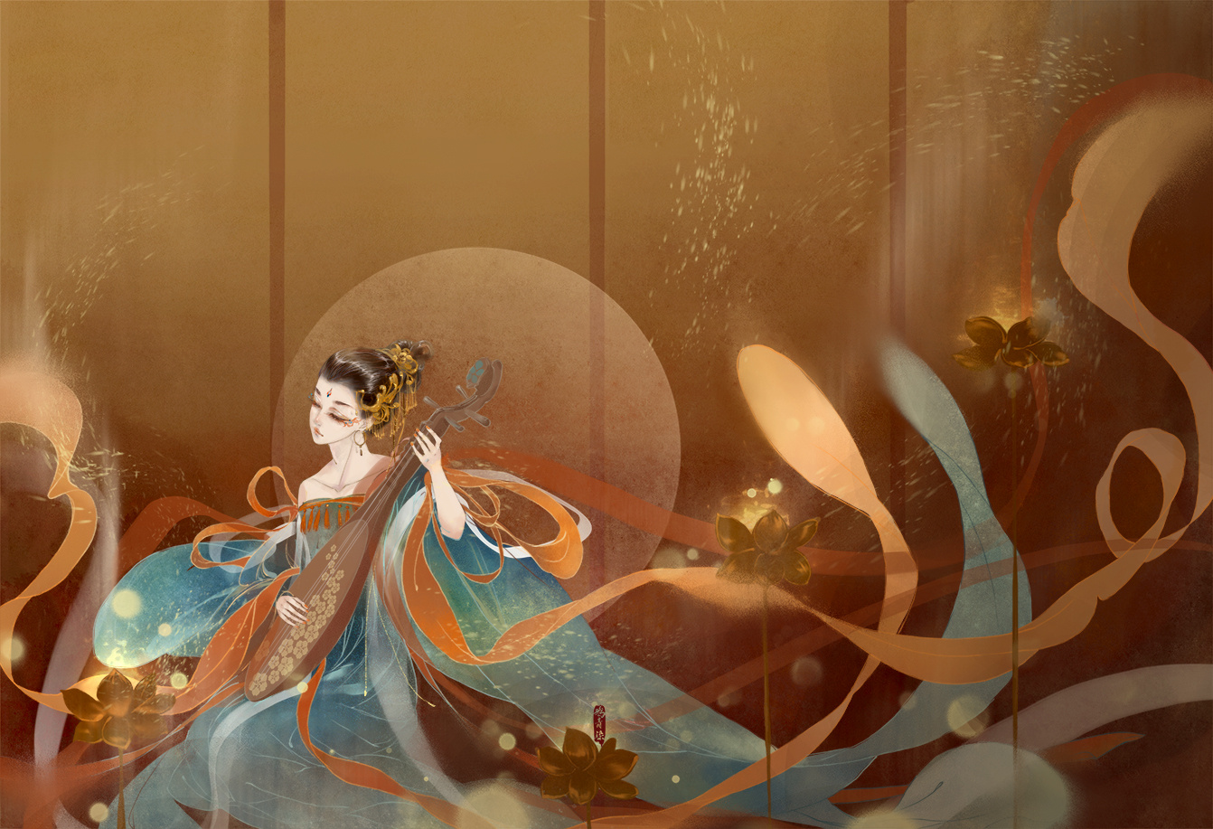 手绘古风持乐器女子画师:鸦青染