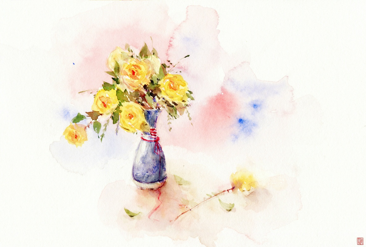 【水彩花卉】#花瓶与花# 作者:不语氏