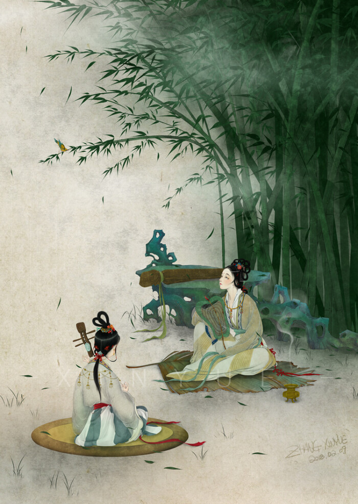 【古风美人】#浮生,半日##竹下听琴# 作者:御茶菓子