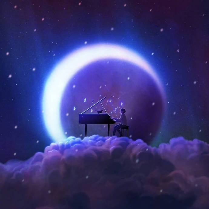 动漫男生星空下弹钢琴图片