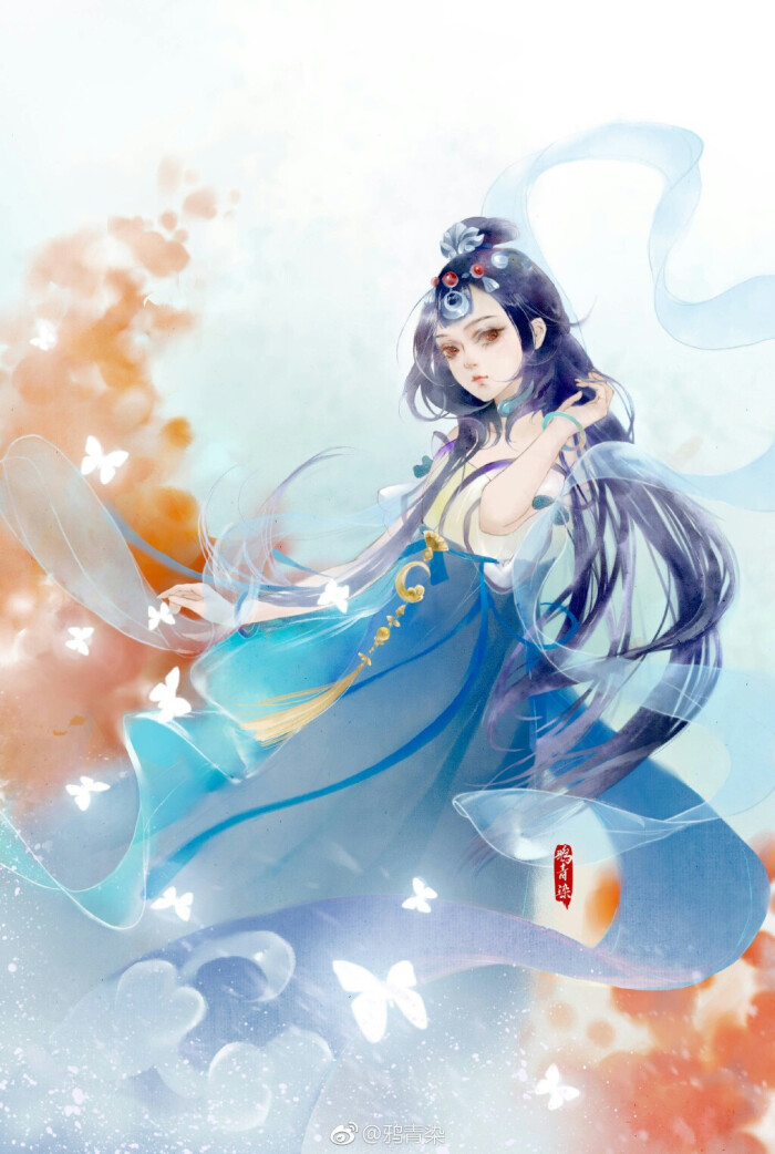 手绘古风蓝衣女子画师:鸦青染