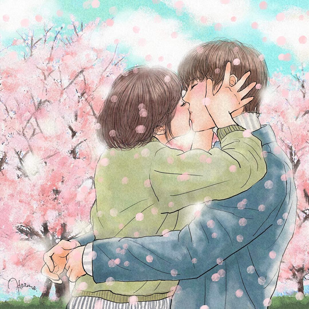 日本手绘情侣日常插画图片