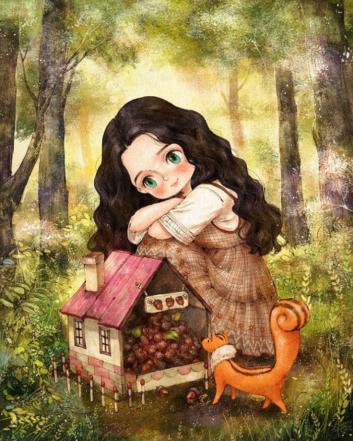 插画家:aeppol 森林女孩日记线稿