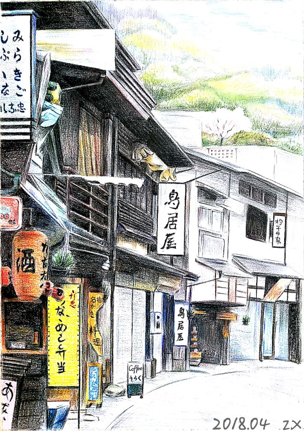 日本建筑彩铅画图片图片