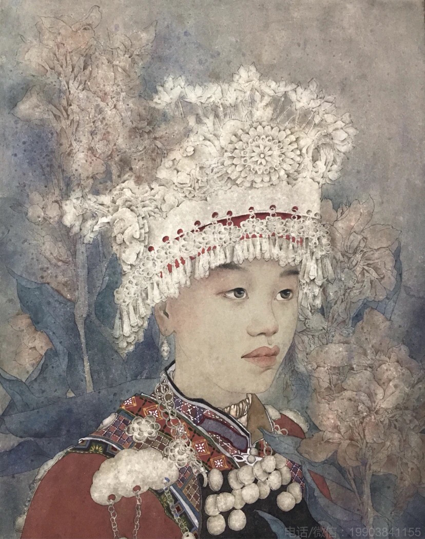 《静女其姝》纸本 银箔 岩彩 尺寸5642厘米田菁 现就读于于云南艺术