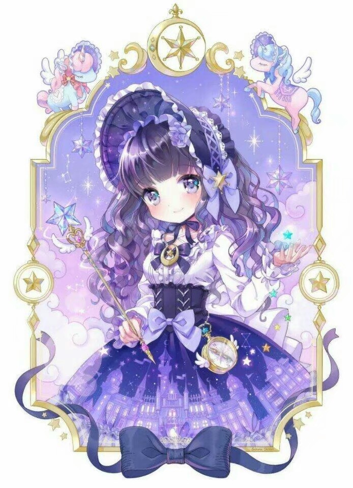 少女 深紫色齐肩卷发 紫瞳 紫色小礼裙 洛丽塔 魔法棒 梦幻 可爱 萝莉