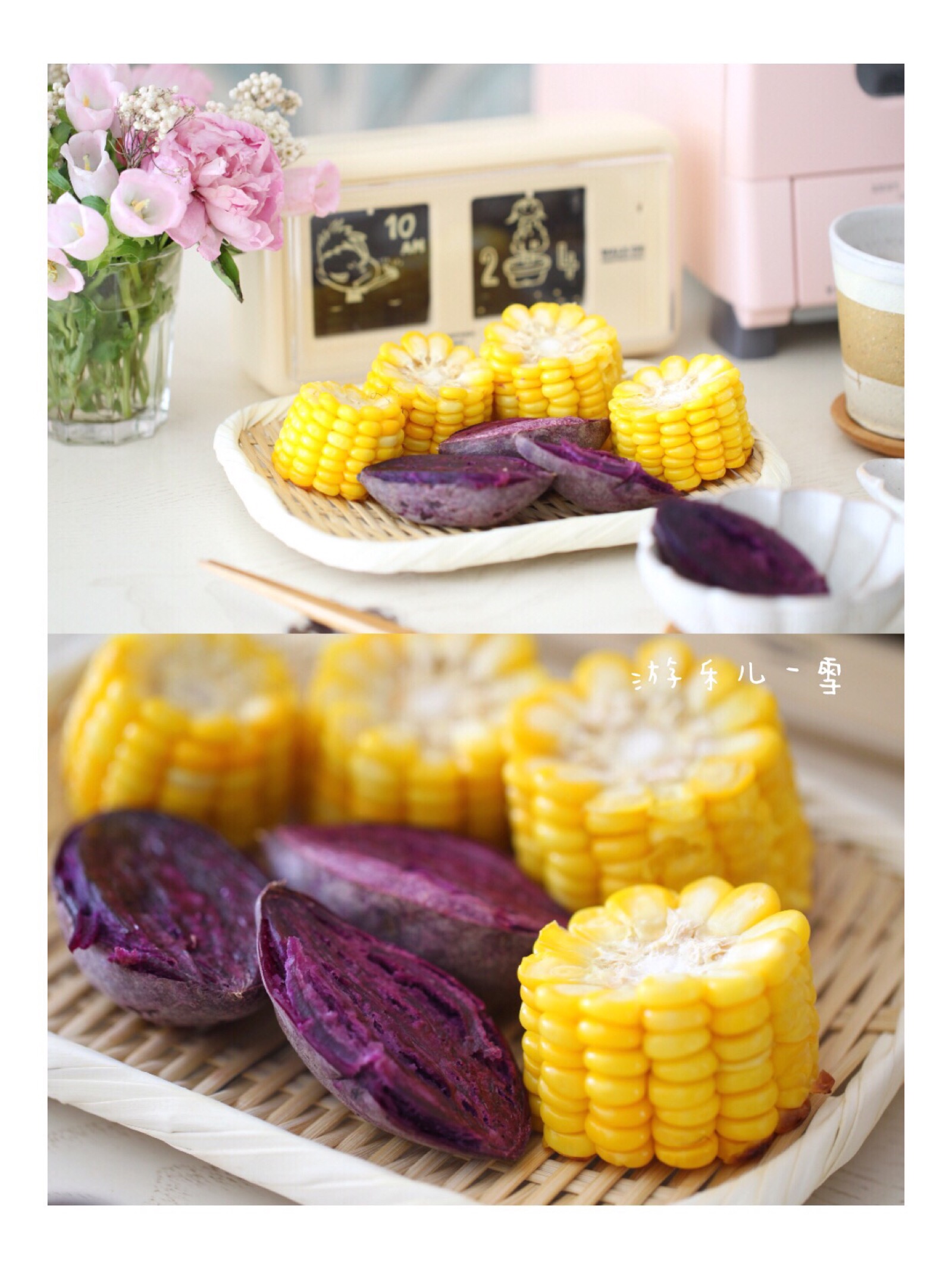 主食是蒸玉米和紫薯,用这个小粉烤箱制作,它配一个蒸盘,加一点水盖上