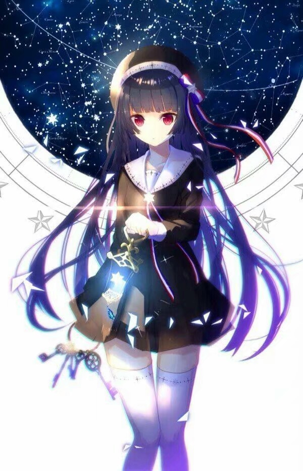 二次元 少女 黑色长发 粉瞳 贝雷帽 星空 梦幻