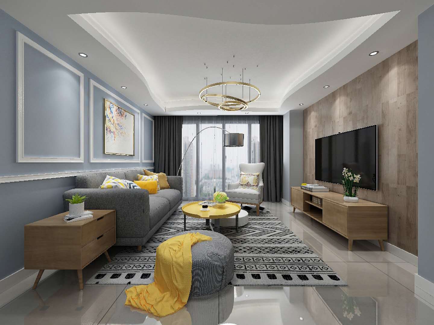 现代时尚风格,整体房子搭配与格局相互协调,色调上以黄色做伟搭配点缀