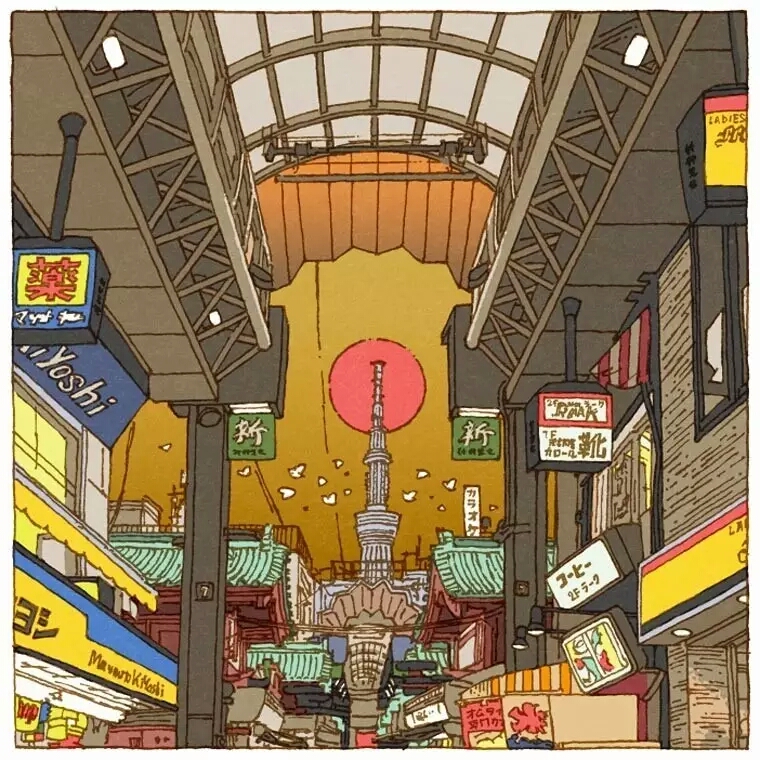 日本插画师 shinji tsuchimochi 一组充满生活气息的街景插画
