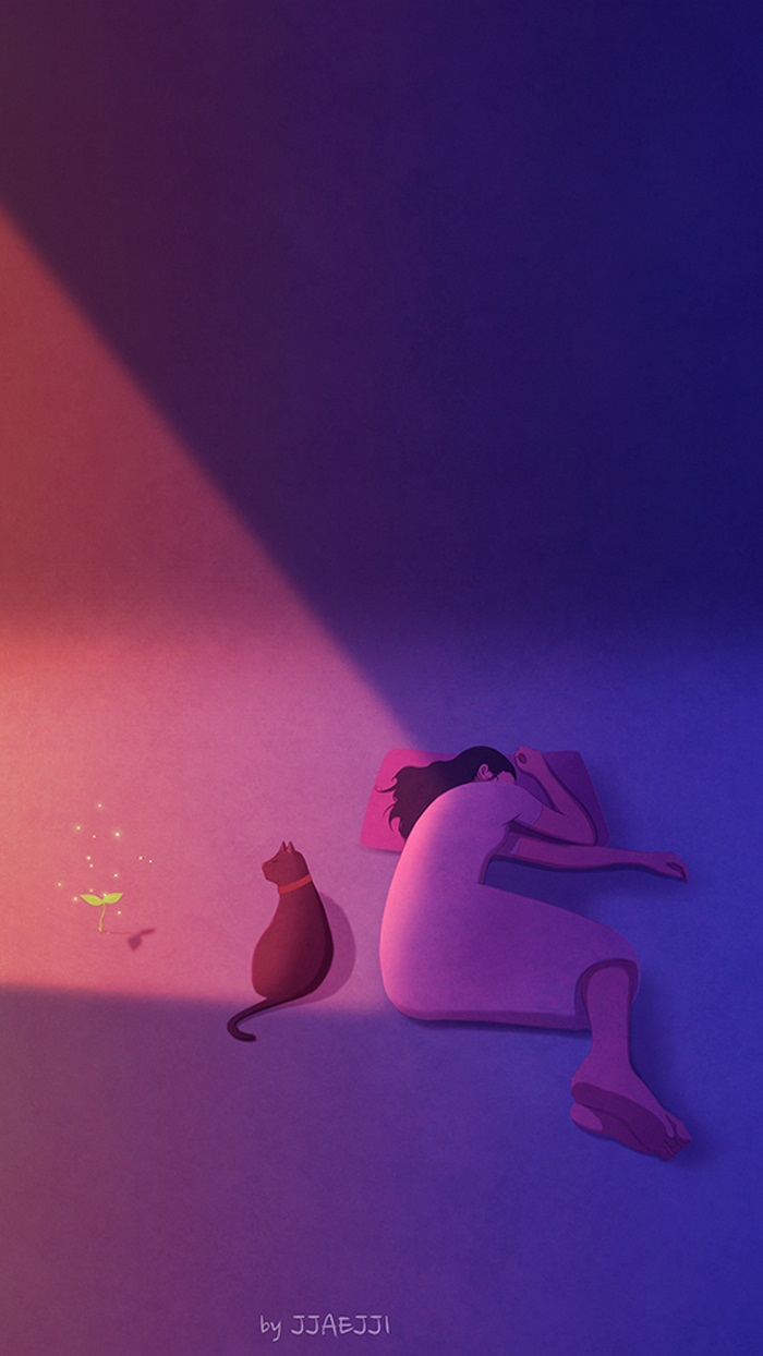 一人一猫,宁静相伴,温馨唯美的画面 ~ 插画jjaejji