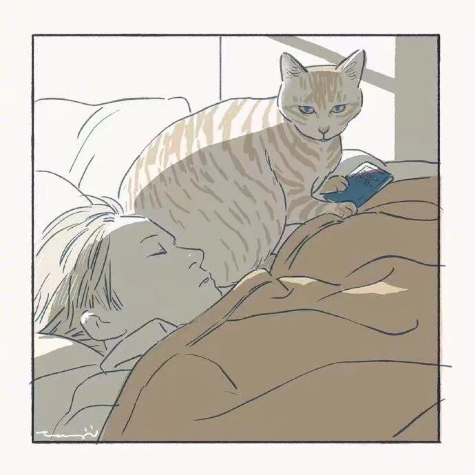 男人和猫手绘图片