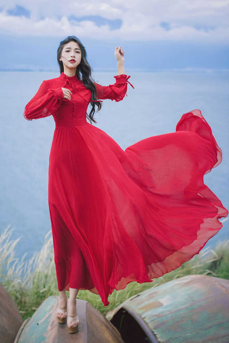 春秋女新款复古雪纺连衣裙修身显瘦收腰气质大摆仙女飘逸度假长裙