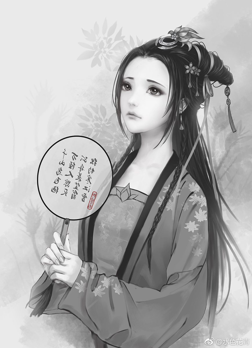 手绘古风女子画师:水色花青