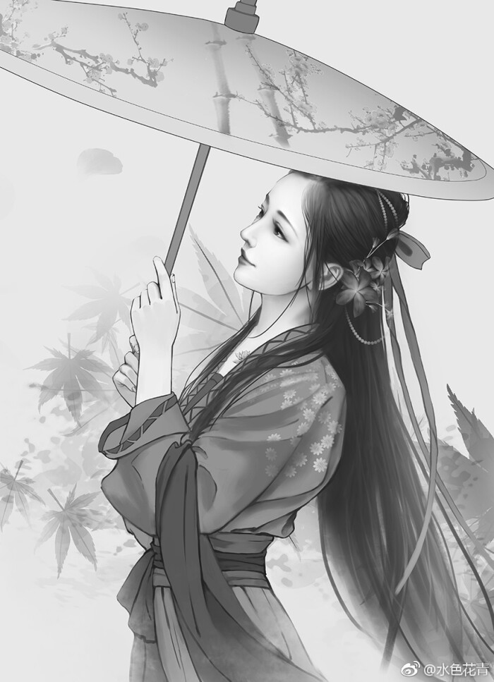 手绘古风女子画师:水色花青