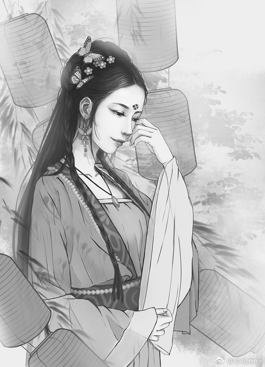 手绘古风女子画师:水色花青