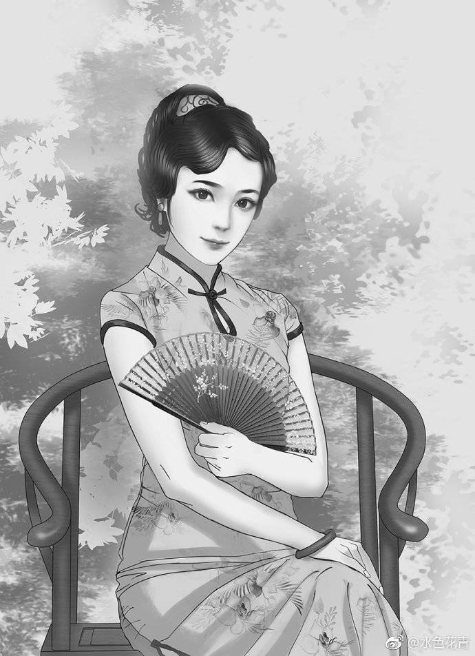 手绘古风女子画师:水色花青