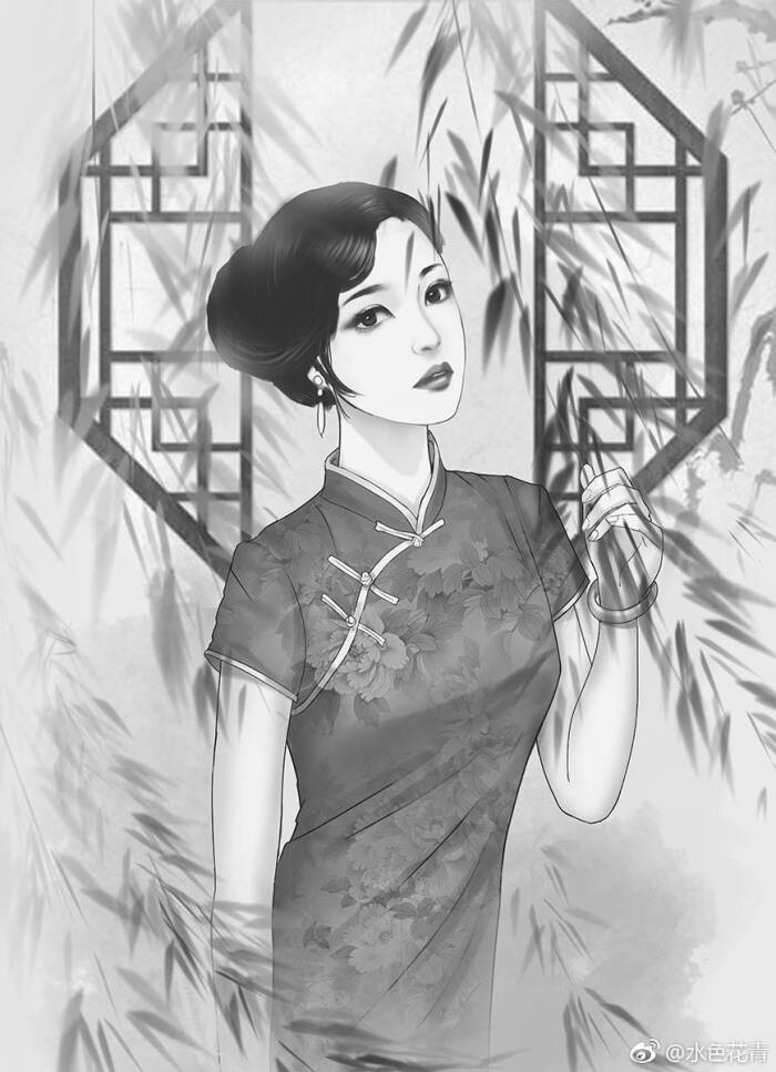 手绘古风女子画师:水色花青
