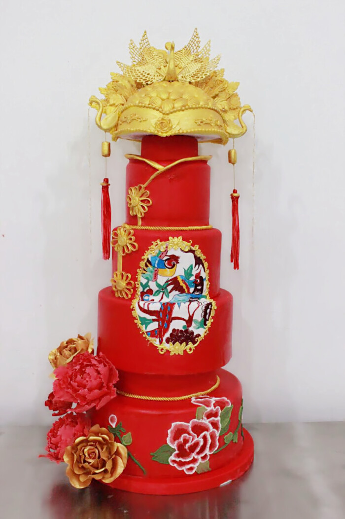 红色系翻糖婚礼蛋糕,龙凤呈祥翻糖蛋糕,凤冠翻糖蛋糕