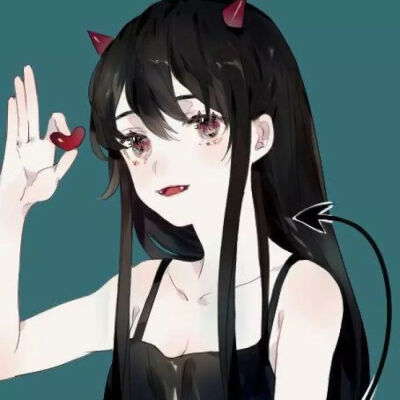 二次元 少女 头像 黑色长发 赤瞳 恶魔角 恶魔尾巴 翅膀 黑色系