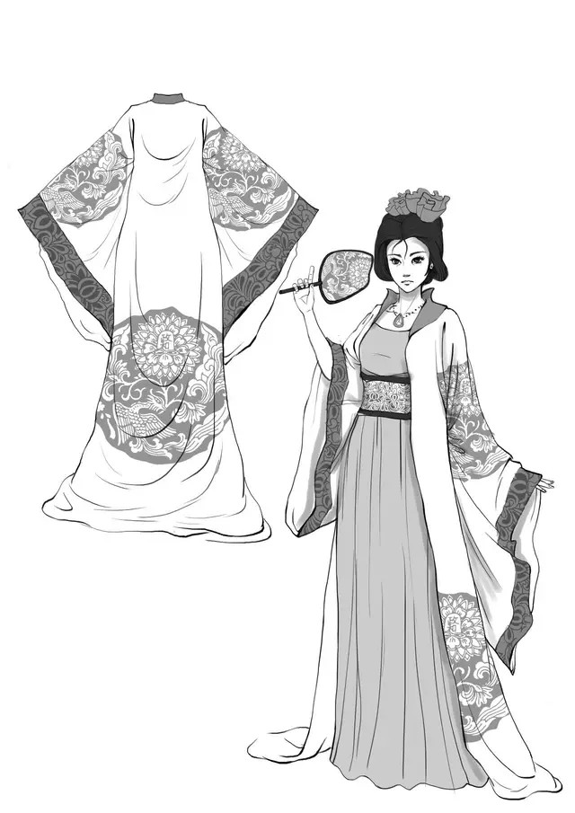 唐朝服饰(女式大袖衫)唐代女服的领子,有圆领,方领,斜领,直领和鸡心领
