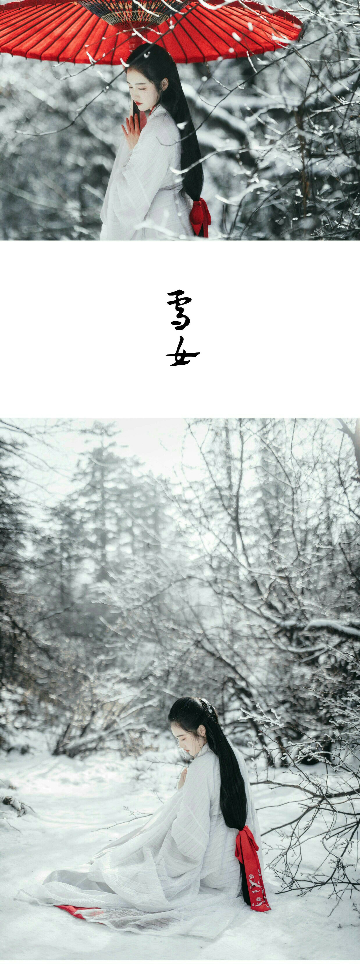 人世一片,苍苍茫茫.她自雪中来,红伞霜蓬,云裳黑发.