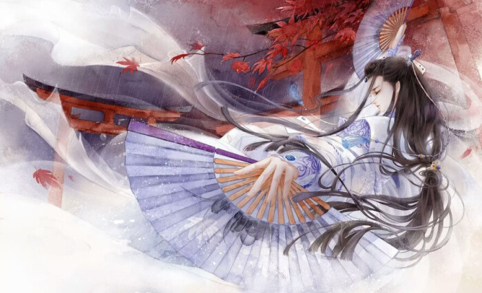 手绘古风持扇人物
