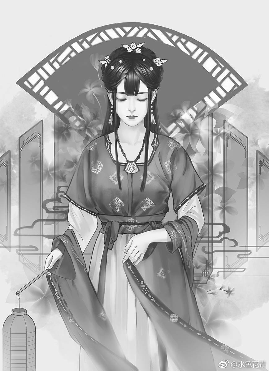 手绘古风女子画师:水色花青