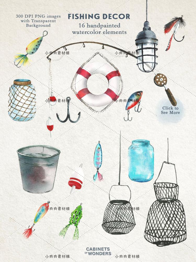 可爱卡通深海洋生物动物鱼类虾蟹钓鱼儿童插画图片设计素材png332