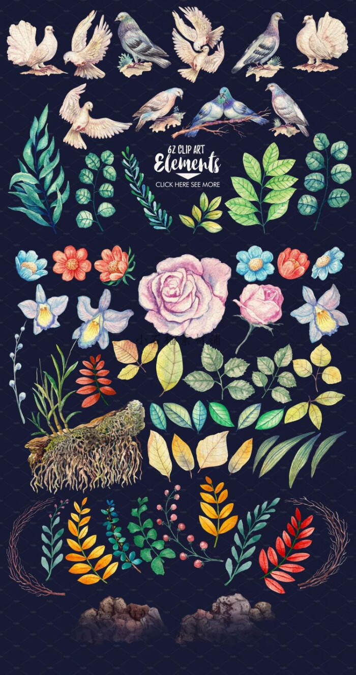 手绘花卉与花环鸽子贺卡请柬装饰图案花纹背景图片png素材png338