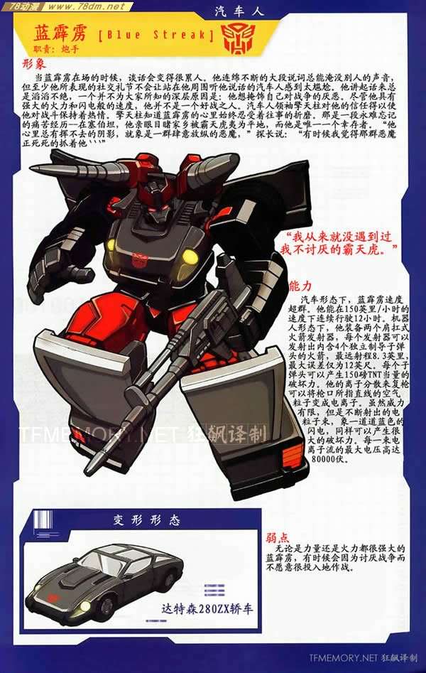 蓝霹雳外文名:bluestreak 派别:汽车人(博派)变形:datsun 280zx跑车