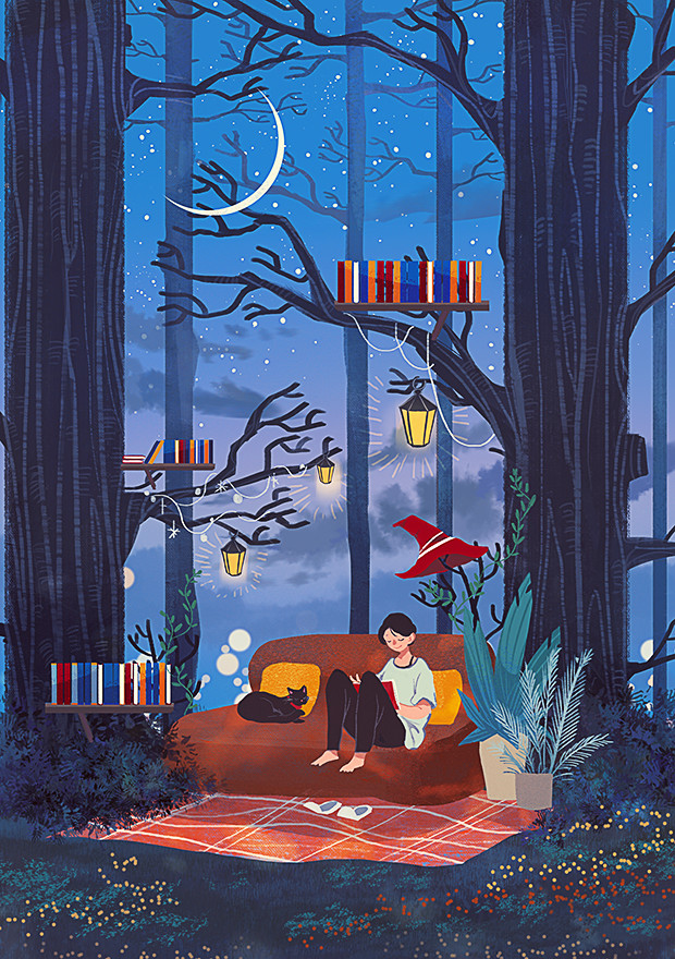 一人一猫,宁静相伴 ~ 插画 by 画师9jedit