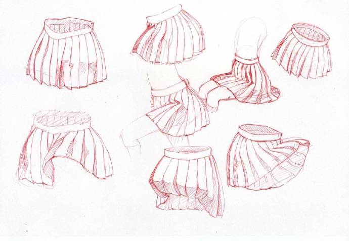 jk百褶裙的绘制参考,以及裙子在不同动作中的褶皱变化,非常不错的练习