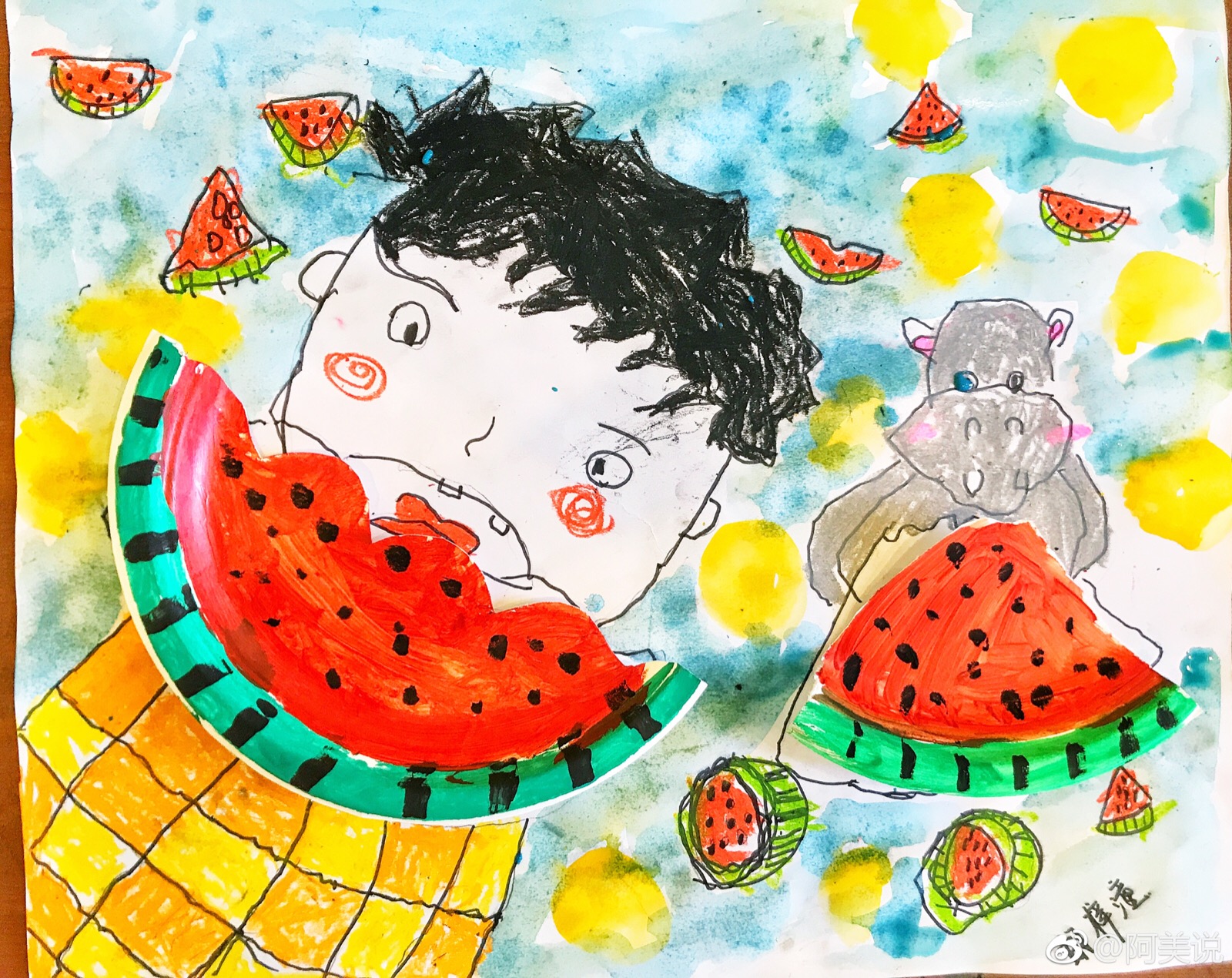 夸张吃水果的儿童图画图片