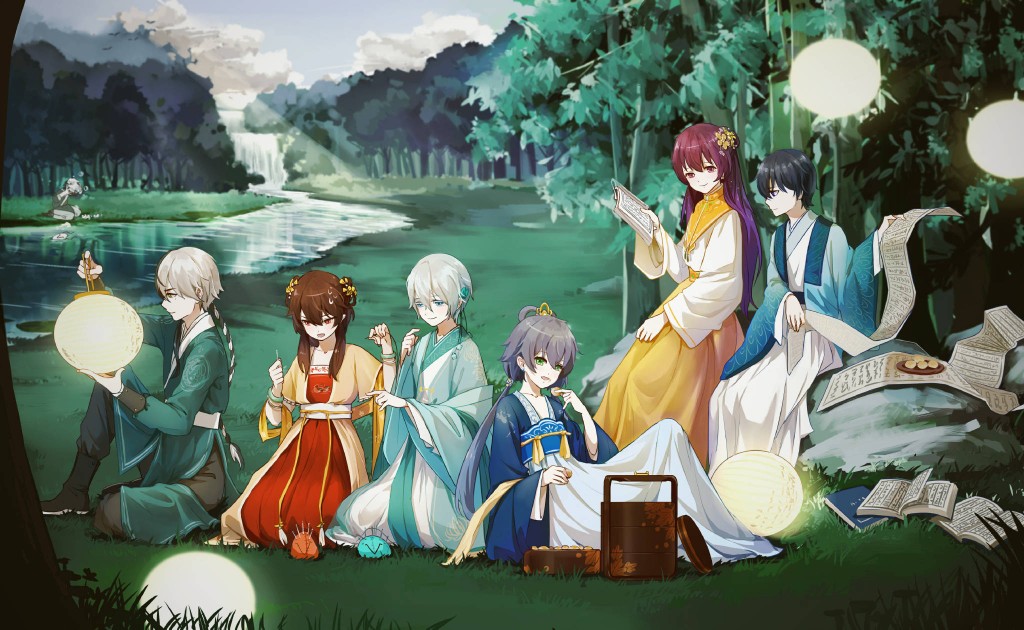 言和 洛天依 徵羽摩柯 墨清弦 七夕贺图 〔同人画作〕电脑壁纸 古风